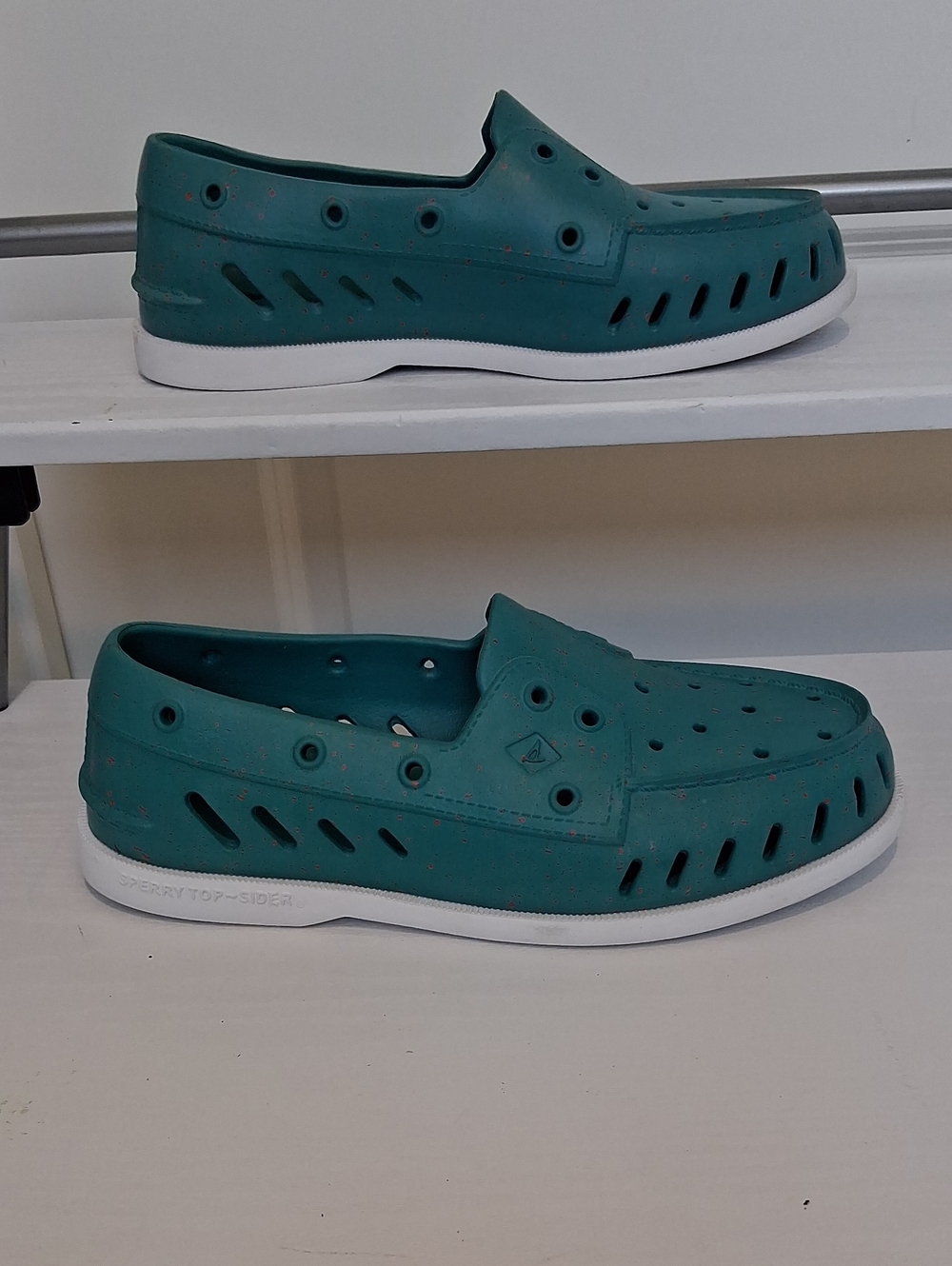 Mens Sperry Teal Slip-On Perforated Boat Shoes with White Sole